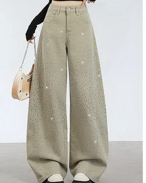 NURO Women's Vintage Retro Rhinestone Embellished Denim Jeans Loose Fit Wide-Leg Flared Trousers