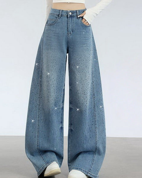 NURO Women's Vintage Retro Rhinestone Embellished Denim Jeans Loose Fit Wide-Leg Flared Trousers