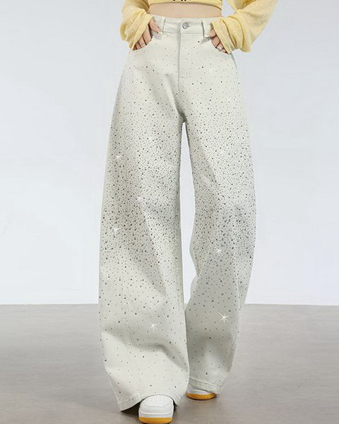 NURO Women's Vintage Retro Rhinestone Embellished Denim Jeans Loose Fit Wide-Leg Flared Trousers