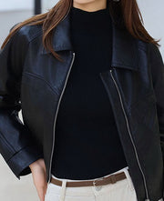 NURO Women's Vintage Short PU Leather Jacket Washed Lapel Collar Coat