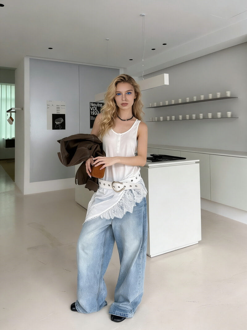 NURO Women's Vintage Wash Cargo Jeans, Wide Leg Distressed Denim Pants with Large Pockets, Low Rise Baggy Streetwear Trousers in Light Blue