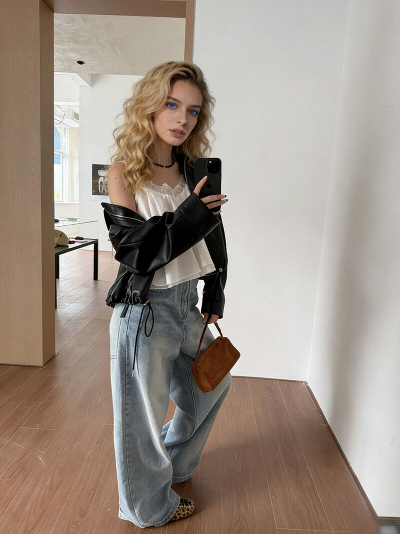 NURO Women's Vintage Wash Cargo Jeans, Wide Leg Distressed Denim Pants with Large Pockets, Low Rise Baggy Streetwear Trousers in Light Blue