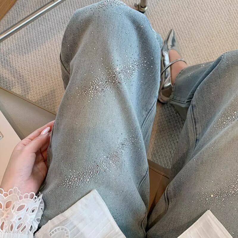 NURO Women's Vintage Washed Wide Leg Jeans Embellished Rhinestone