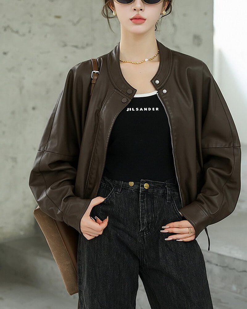 NURO Women's Washed PU Leather Jacket Loose Fit Short Coat