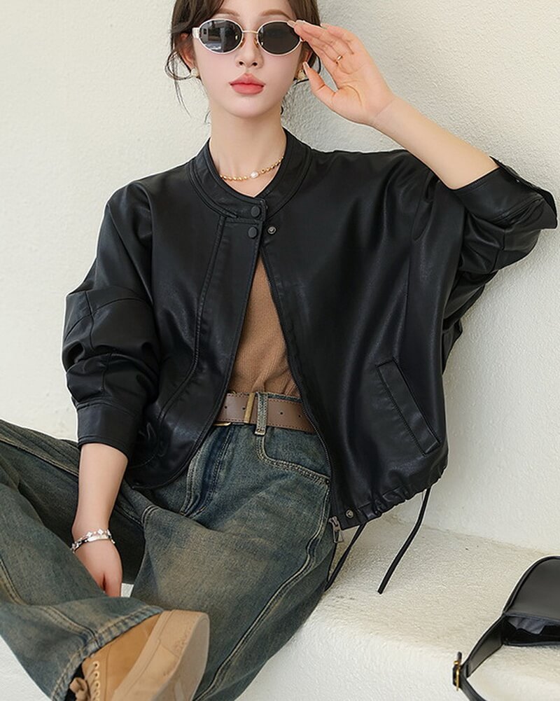 NURO Women's Washed PU Leather Jacket Loose Fit Short Coat