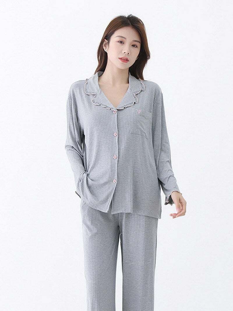 NURO Women's Wide Rib Modal Loungewear Set, Collared Button-Down Pajamas, Long Sleeve Comfortable Sleepwear for All Seasons