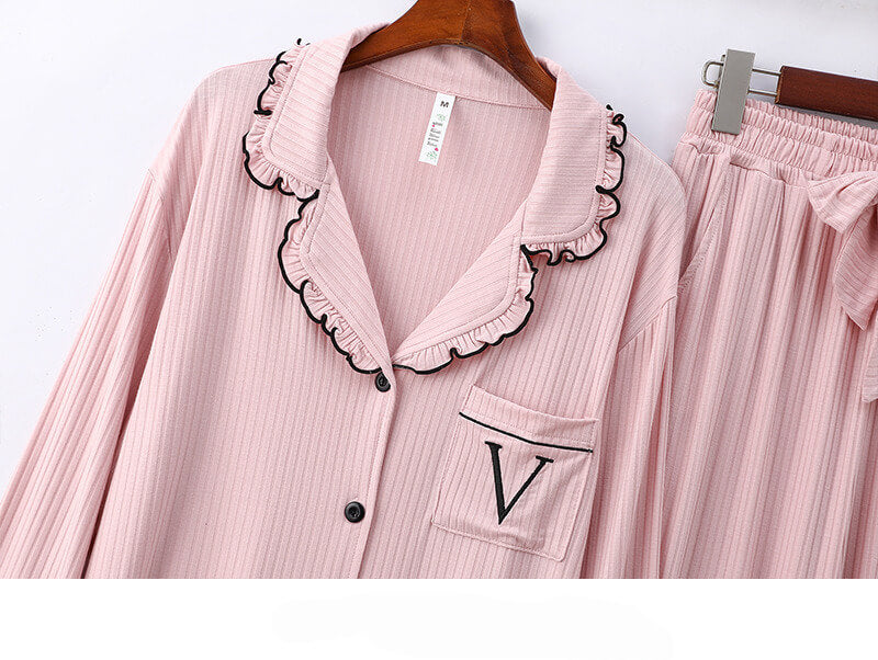 NURO Women's Wide Rib Modal Loungewear Set, Collared Button-Down Pajamas, Long Sleeve Comfortable Sleepwear for All Seasons