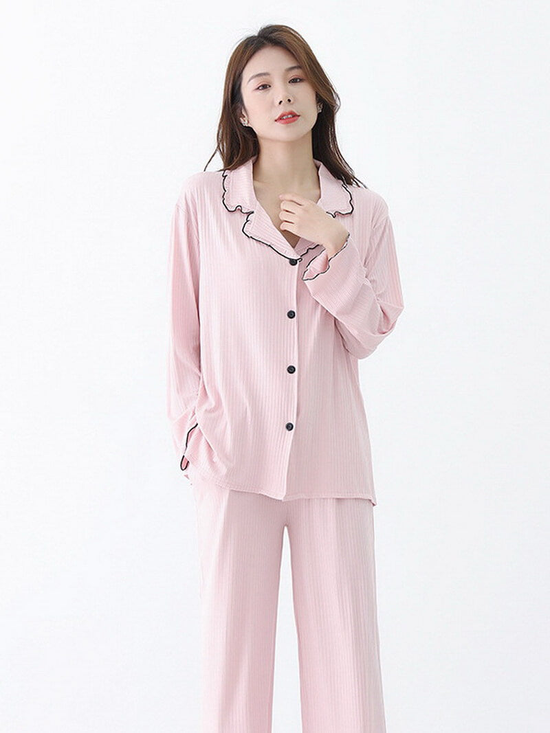 NURO Women's Wide Rib Modal Loungewear Set, Collared Button-Down Pajamas, Long Sleeve Comfortable Sleepwear for All Seasons