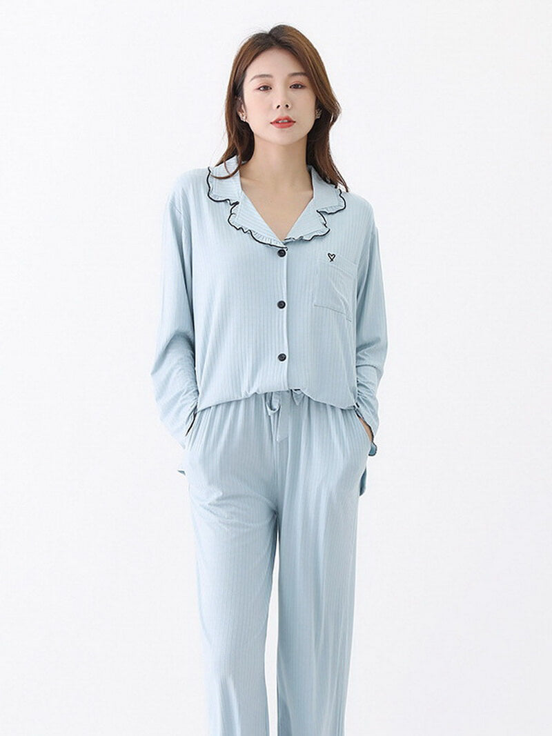 NURO Women's Wide Rib Modal Loungewear Set, Collared Button-Down Pajamas, Long Sleeve Comfortable Sleepwear for All Seasons