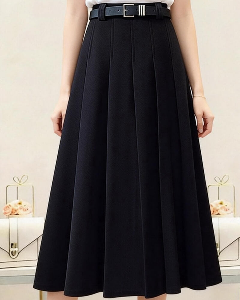 NURO Women's Wool Blend A-Line Midi Skirt – High Waist Belted Pleated Skirt