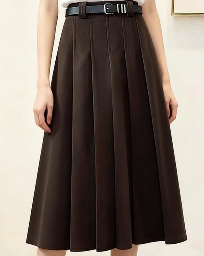 NURO Women's Wool Blend A-Line Midi Skirt – High Waist Belted Pleated Skirt