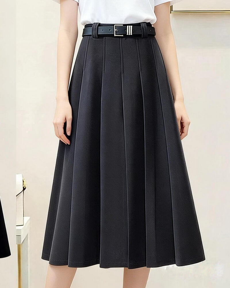 NURO Women's Wool Blend A-Line Midi Skirt – High Waist Belted Pleated Skirt