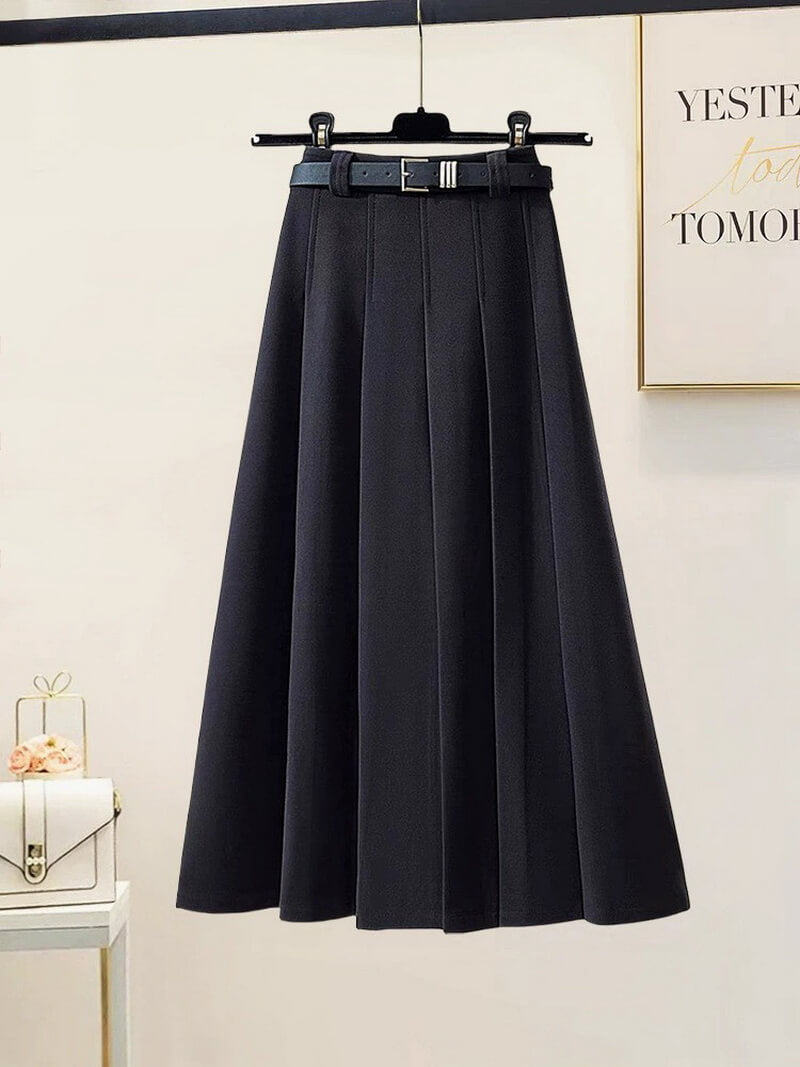 NURO Women's Wool Blend A-Line Midi Skirt – High Waist Belted Pleated Skirt