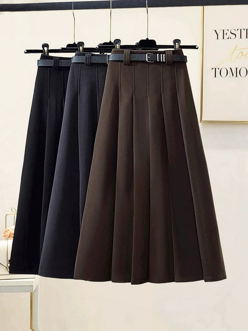 NURO Women's Wool Blend A-Line Midi Skirt – High Waist Belted Pleated Skirt