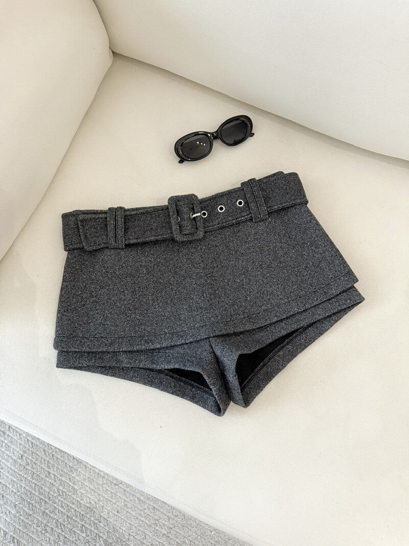 NURO Women's Wool Blend High Waist Short Culottes - Flowy Wide Leg Paperbag Shorts with Belt, Winter Casual Pant Skirt