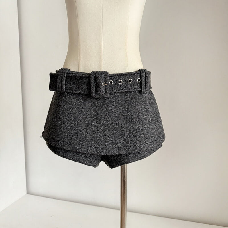 NURO Women's Wool Blend High Waist Short Culottes - Flowy Wide Leg Paperbag Shorts with Belt, Winter Casual Pant Skirt