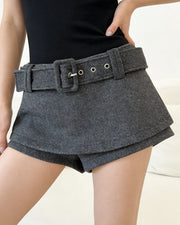 NURO Women's Wool Blend High Waist Short Culottes - Flowy Wide Leg Paperbag Shorts with Belt, Winter Casual Pant Skirt