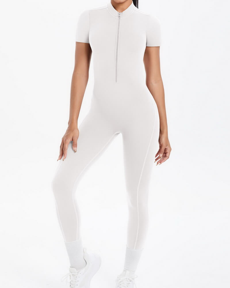 NURO Women's Zip-Front Short Sleeve Workout Jumpsuit with Built-In Bra