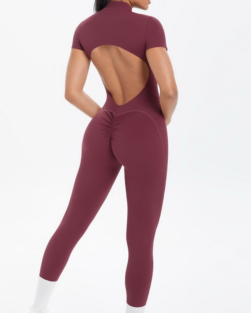 NURO Women's Zip-Front Short Sleeve Workout Jumpsuit with Built-In Bra