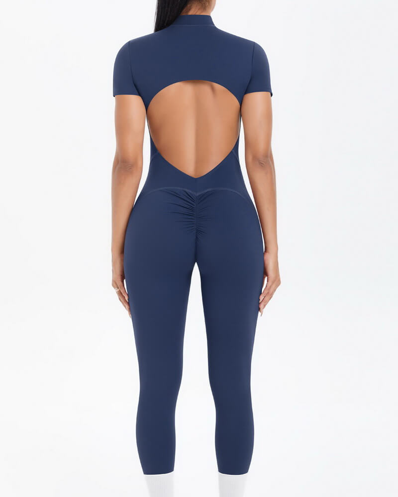 NURO Women's Zip-Front Short Sleeve Workout Jumpsuit with Built-In Bra