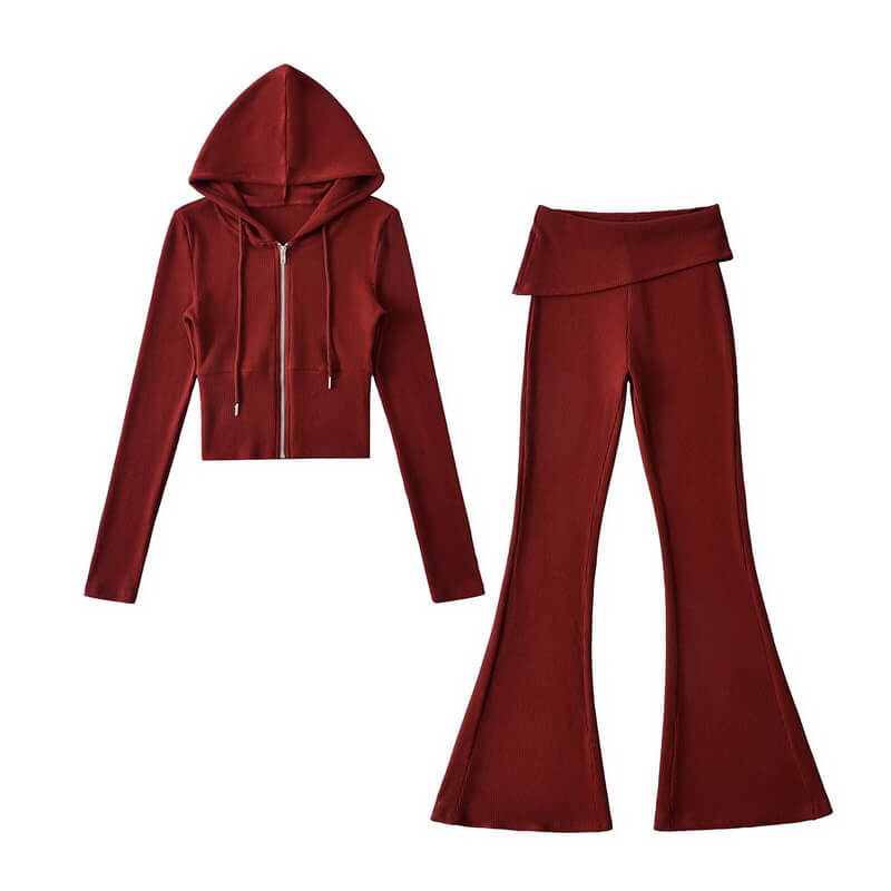 NURO Women's Zip-Up Hoodie and Flare Leg Pants Set, Cropped Sweatsuit
