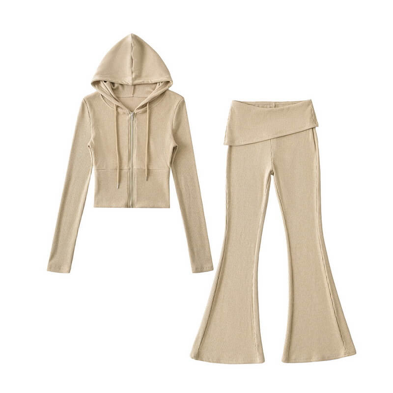 NURO Women's Zip-Up Hoodie and Flare Leg Pants Set, Cropped Sweatsuit