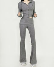 NURO Women's Zip-Up Hoodie and Flare Leg Pants Set, Cropped Sweatsuit