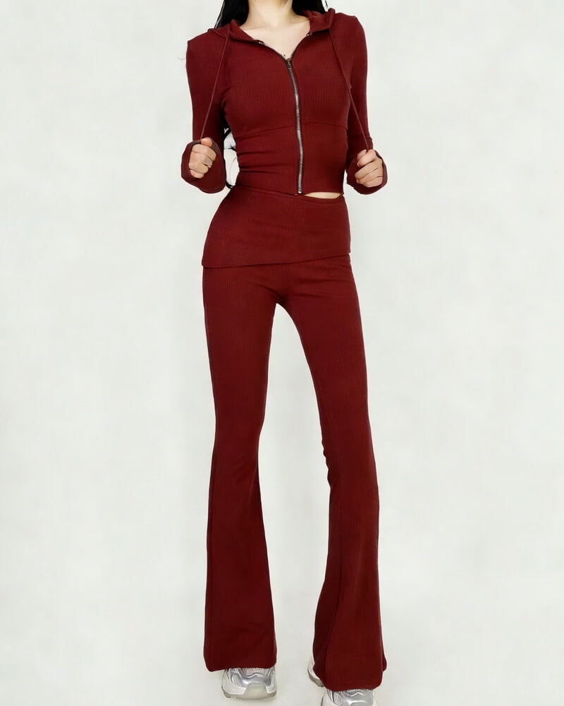 NURO Women's Zip-Up Hoodie and Flare Leg Pants Set, Cropped Sweatsuit