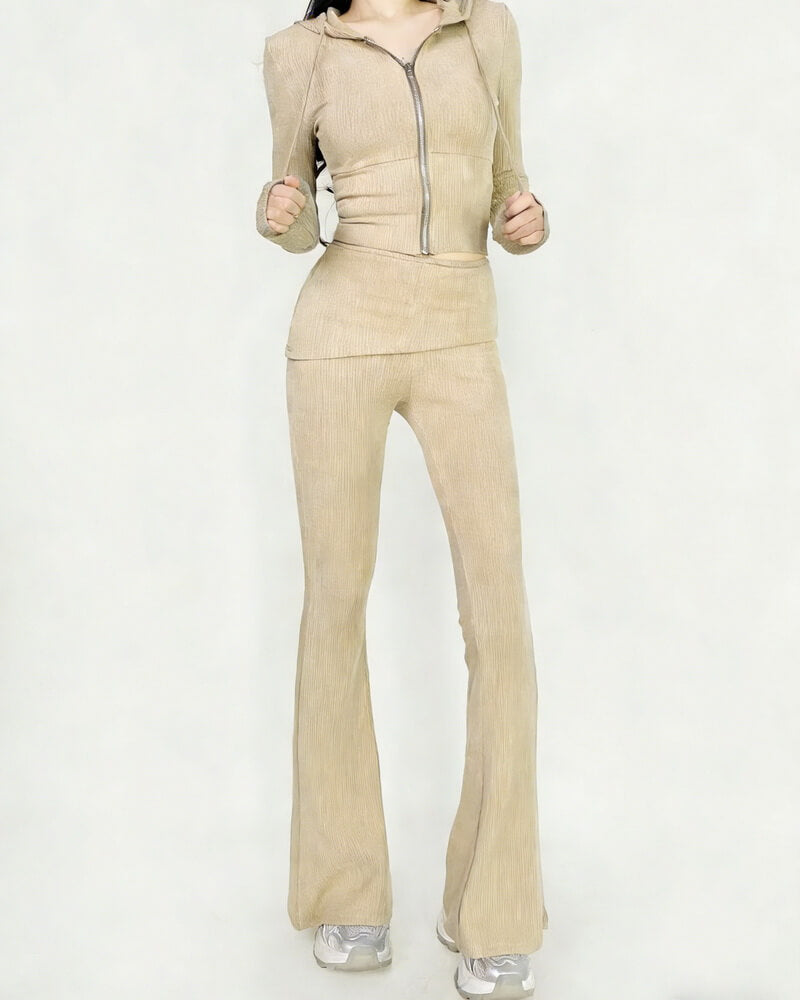 NURO Women's Zip-Up Hoodie and Flare Leg Pants Set, Cropped Sweatsuit