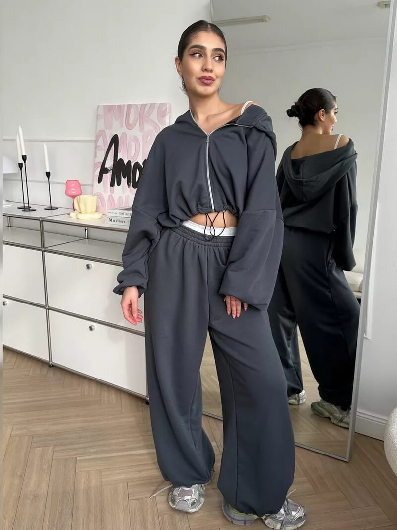 NURO Women's Zip-Up Hoodie and Joggers Set | Casual Pullover with Drawstring & Elastic Waist Pants | Loose Fit Two-Piece Outfit