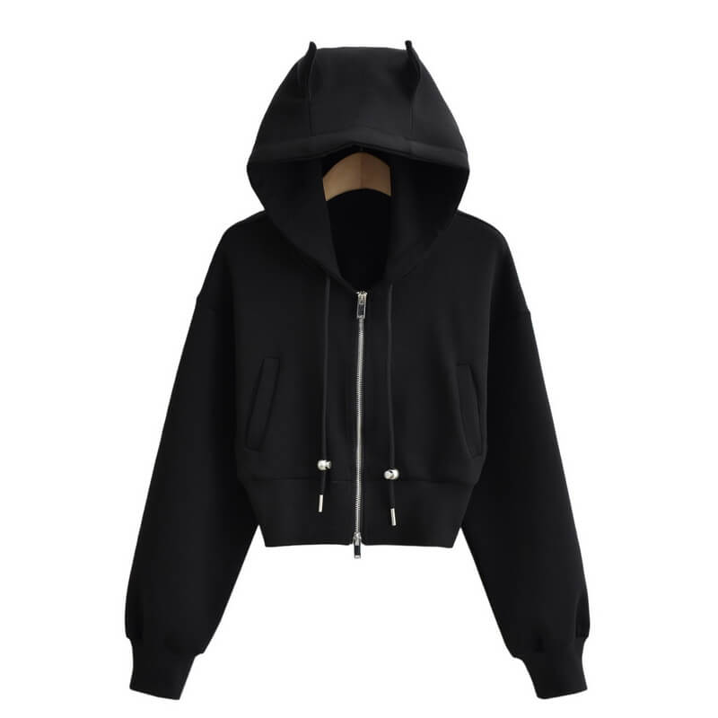 NURO Zip-Up Hooded Jacket for Women - Cropped Long Sleeve Casual Streetwear