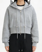 NURO Zip-Up Hooded Jacket for Women - Cropped Long Sleeve Casual Streetwear