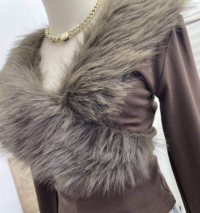 NURO Cross V-Neck Long Sleeve Top, Fitted Fleece Trim Crop Tee, Non-Detachable Fur Accent Slim Fit Women's Shirt