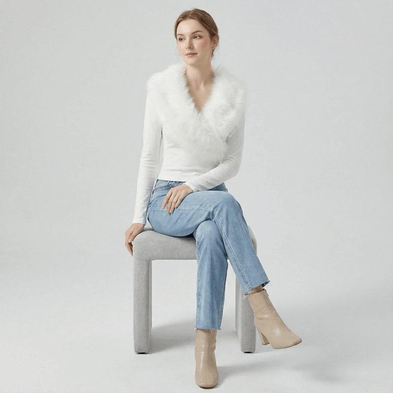 NURO Cross V-Neck Long Sleeve Top, Fitted Fleece Trim Crop Tee, Non-Detachable Fur Accent Slim Fit Women's Shirt