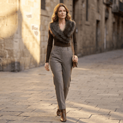 NURO Cross V-Neck Long Sleeve Top, Fitted Fleece Trim Crop Tee, Non-Detachable Fur Accent Slim Fit Women's Shirt