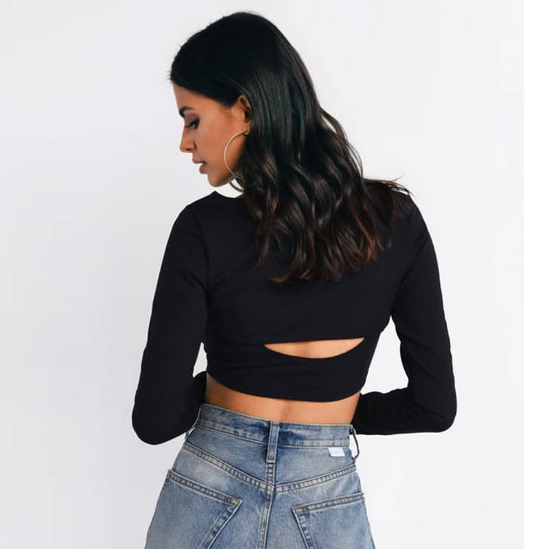 NURO Cut Out Long Sleeve Crop Top Low Neck Going Out Blouse