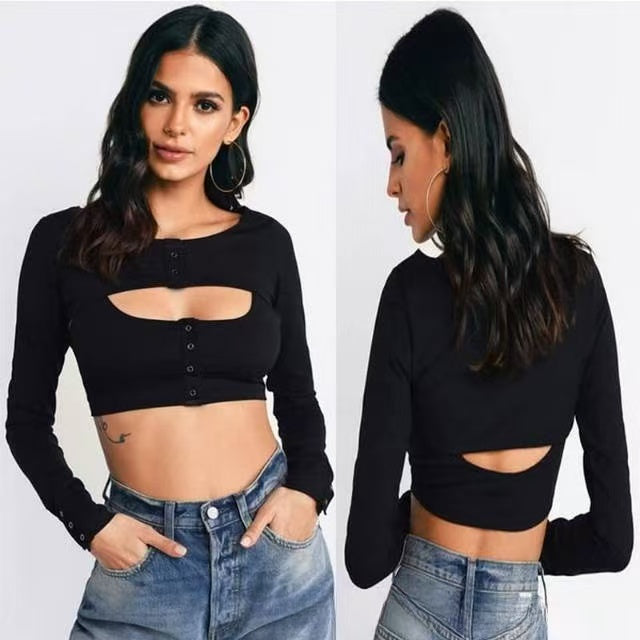 NURO Cut Out Long Sleeve Crop Top Low Neck Going Out Blouse