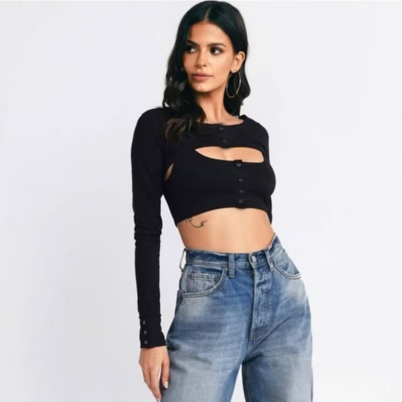 NURO Cut Out Long Sleeve Crop Top Low Neck Going Out Blouse