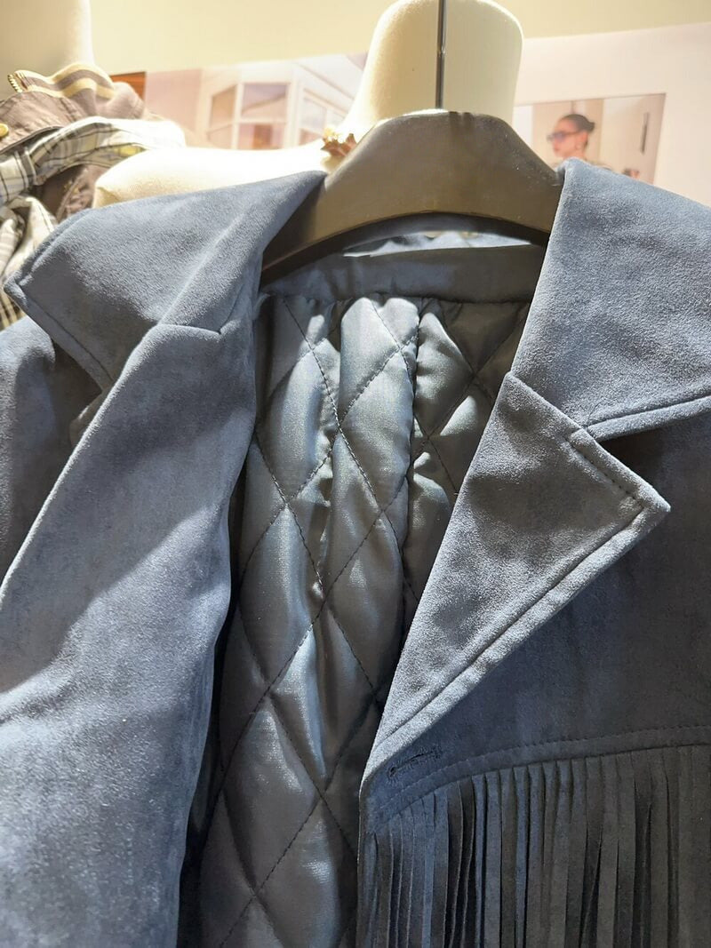 NURO Fringe Suede-Look Long Coat, Heavyweight Utility Jacket with Shoulder Padding, Oversized Streetwear Workwear Outerwear