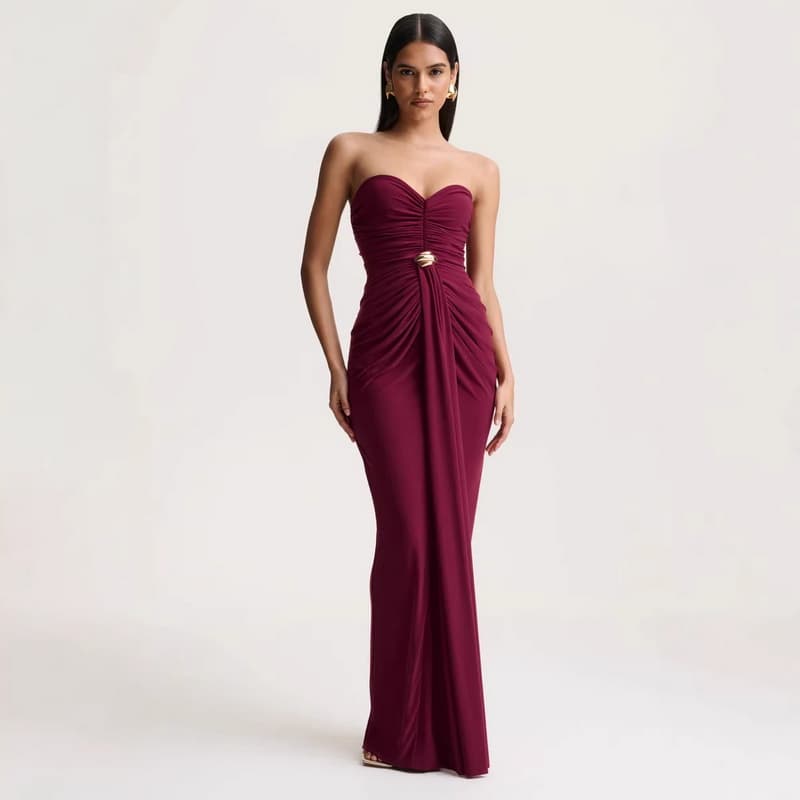 NURO Strapless Bodycon Maxi Dress High Waist Ruched Long Dress