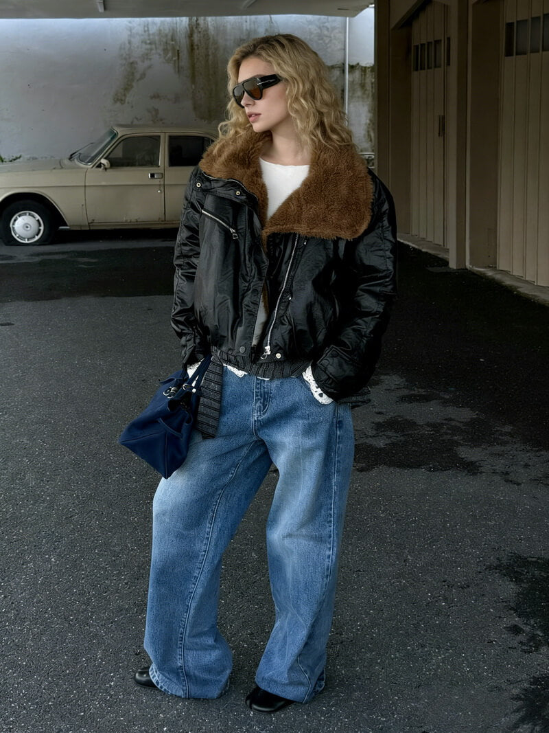 NURO Heavyweight Streetwear Jacket, Collar Zip-Up Oversized Coat, Utility Pocket Casual Outerwear