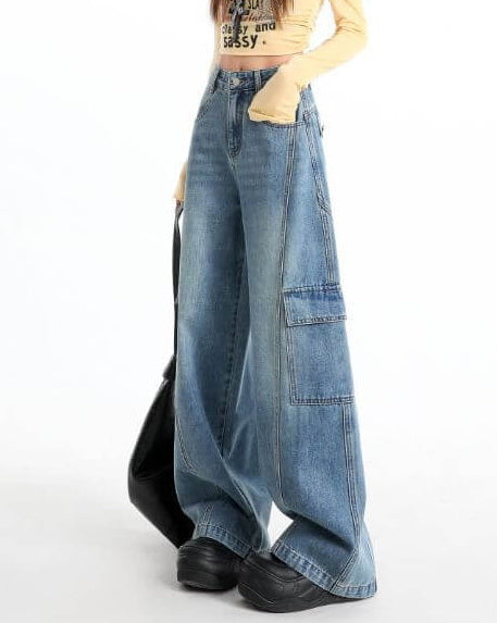 NURO Vintage High-Waist Straight Cargo Jeans