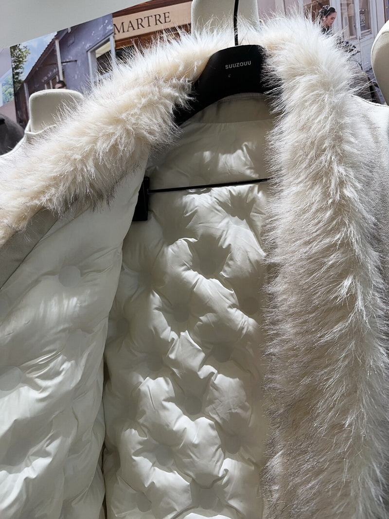 NURO Vintage Utility Washed Parka Coat, Thickened Faux Fur Lined Brown Green Jacket, Non-Detachable Collarless Streetwear Oversized Coat