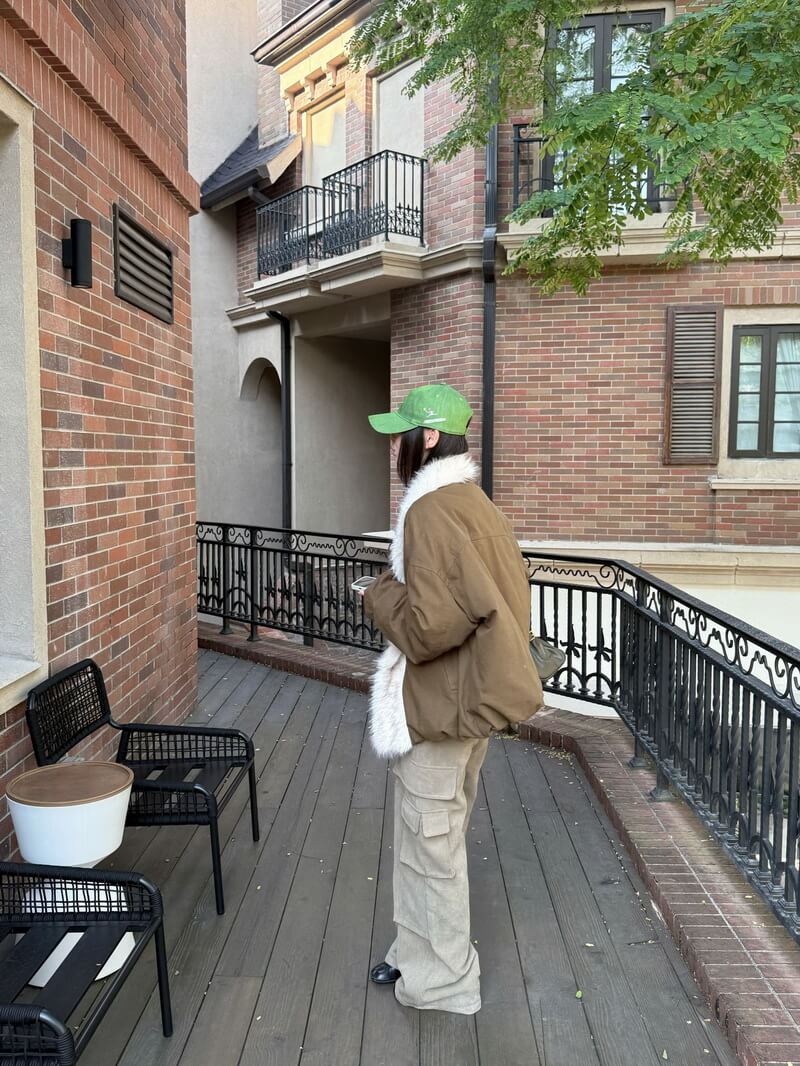 NURO Vintage Utility Washed Parka Coat, Thickened Faux Fur Lined Brown Green Jacket, Non-Detachable Collarless Streetwear Oversized Coat