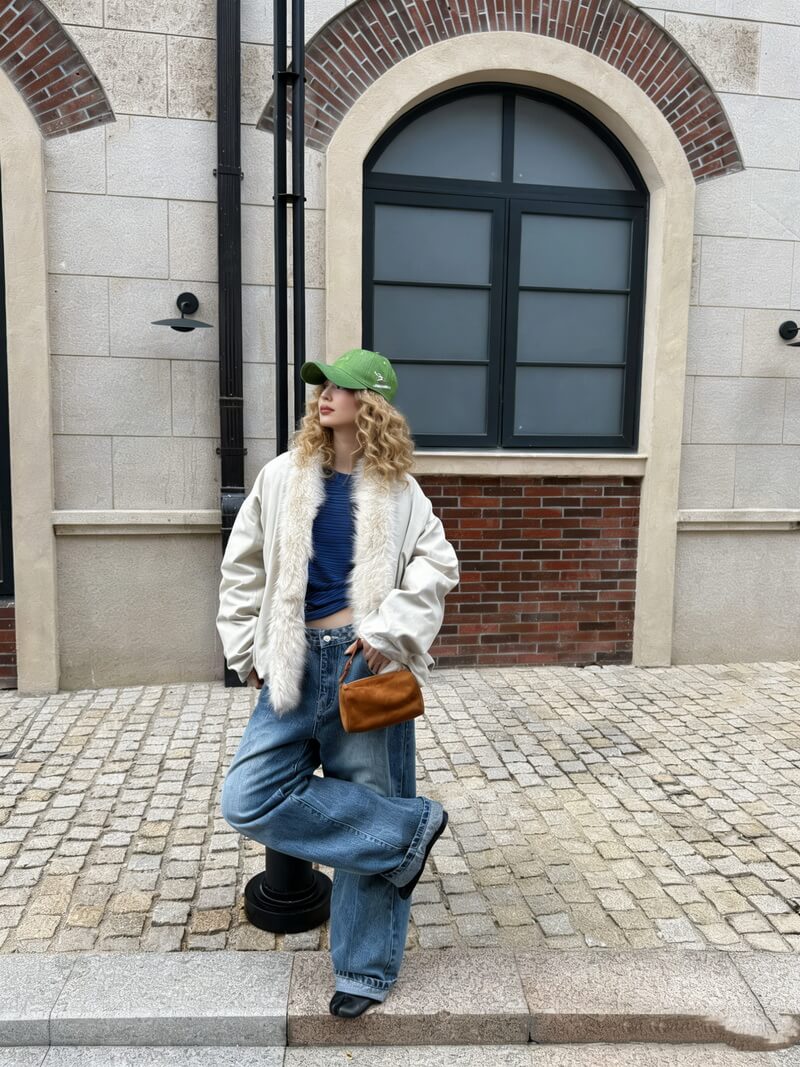 NURO Vintage Utility Washed Parka Coat, Thickened Faux Fur Lined Brown Green Jacket, Non-Detachable Collarless Streetwear Oversized Coat