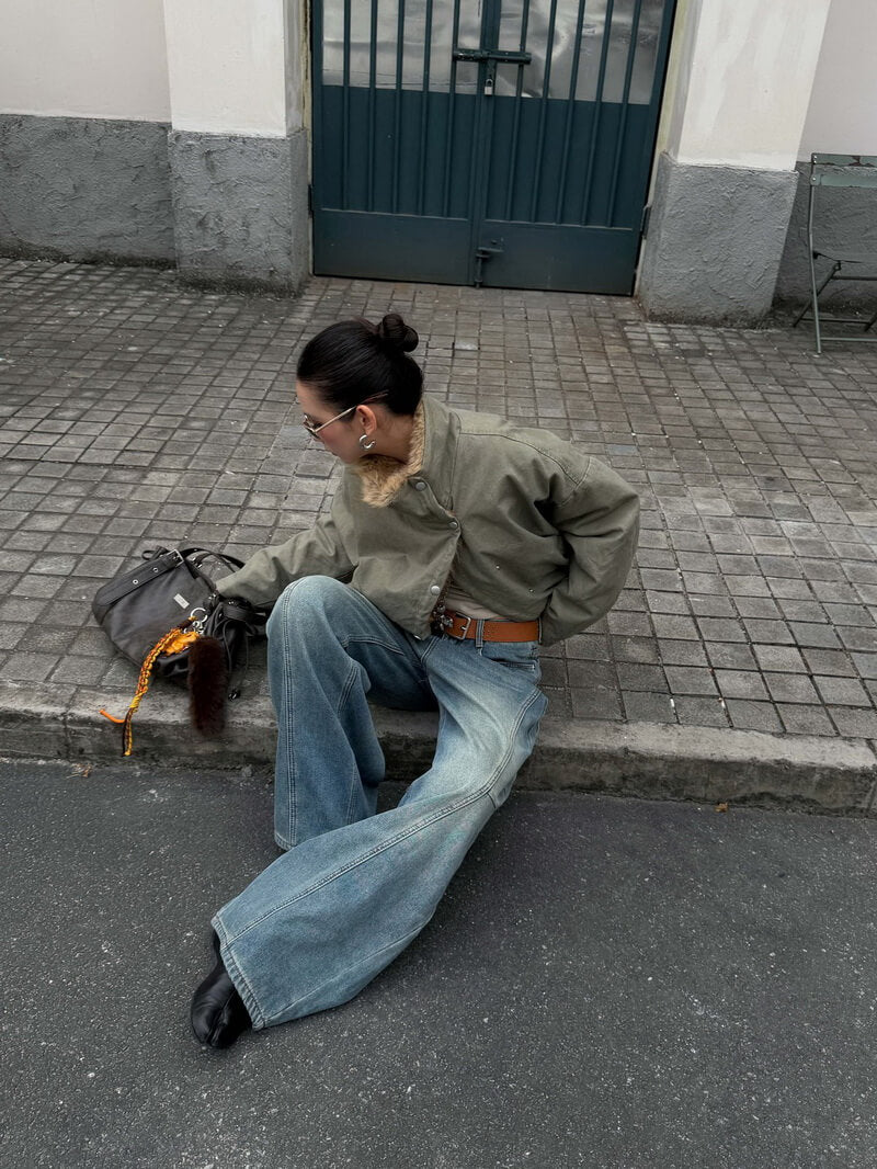 NURO Vintage Washed Faux Fur Collar Jacket, Thickened Oversized Pine Green & Coffee Brown Coat, Non-Detachable Fur Collar Streetwear Parka Winter