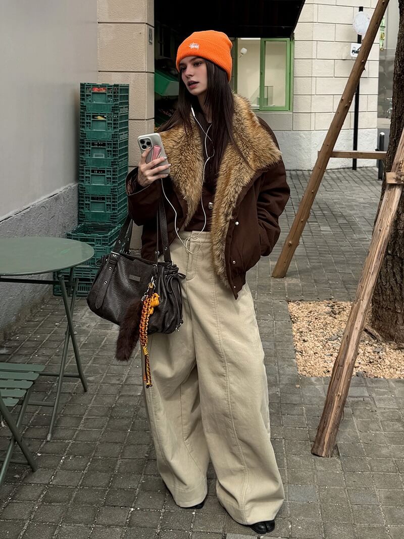 NURO Vintage Washed Faux Fur Collar Jacket, Thickened Oversized Pine Green & Coffee Brown Coat, Non-Detachable Fur Collar Streetwear Parka Winter