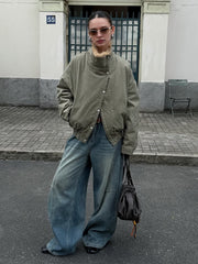 NURO Vintage Washed Faux Fur Collar Jacket, Thickened Oversized Pine Green & Coffee Brown Coat, Non-Detachable Fur Collar Streetwear Parka Winter