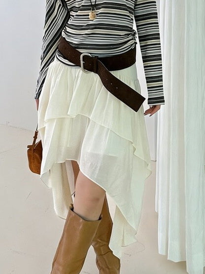NURO Women's Asymmetric Hem Skirt, Double Layer Wave Design Midi Skirt with Tie Front, Wrinkle-Free Streetwear Skirt in White