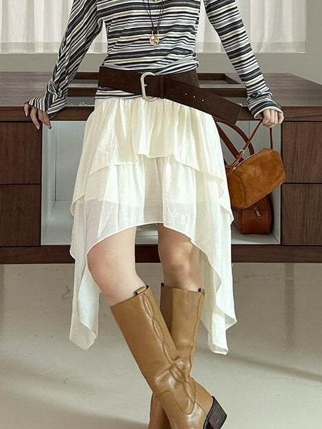 NURO Women's Asymmetric Hem Skirt, Double Layer Wave Design Midi Skirt with Tie Front, Wrinkle-Free Streetwear Skirt in White